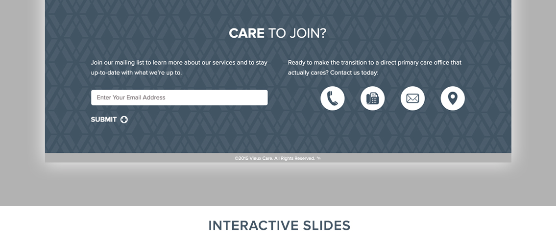 View of Vieux Care's website footer, designed by Entermotion, a Wichita web-design studio.